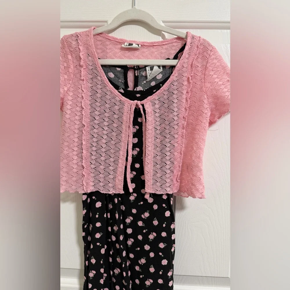 Self Esteem Pink Crochet‎ Bolero with Black Floral Dress Set, Size 7-8